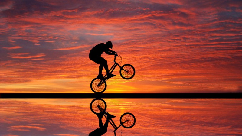 Cyclist, Sunset, Reflection, Clouds, Scenery, Landscape Wallpaper