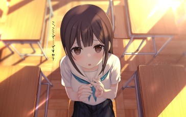 Anime School Girl, Classroom, Sunlight, Shadow, Brown Hair, Anime Wallpaper