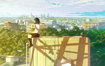 Anime Girl, Rooftop, Cityscape, Buildings, Papers, Lonely, School Uniform, Short Hair, Anime Wallpaper