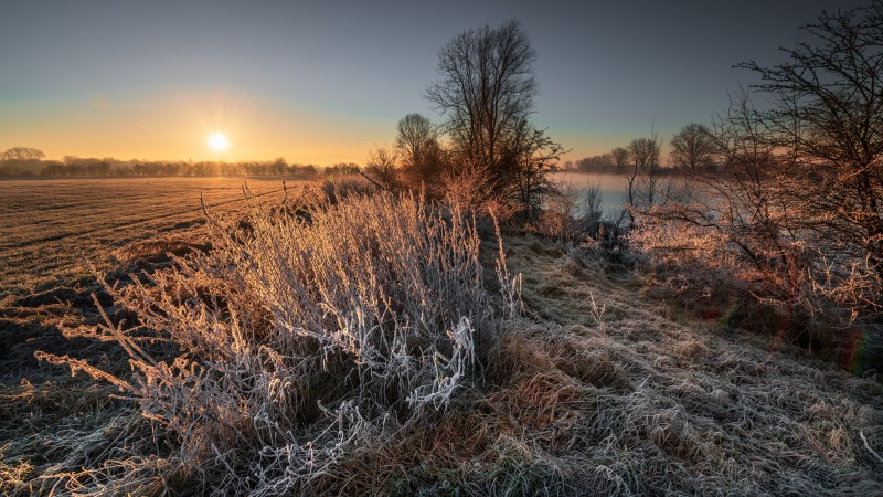 Sunrise, Scenery, Frozen Field, Landscape Wallpaper
