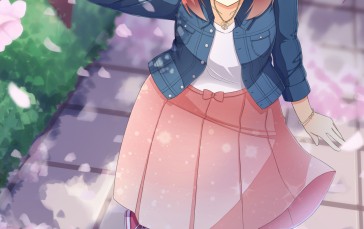 Anime Girl, Sakura Blossom, Wind, Smiling, Jacket Wallpaper