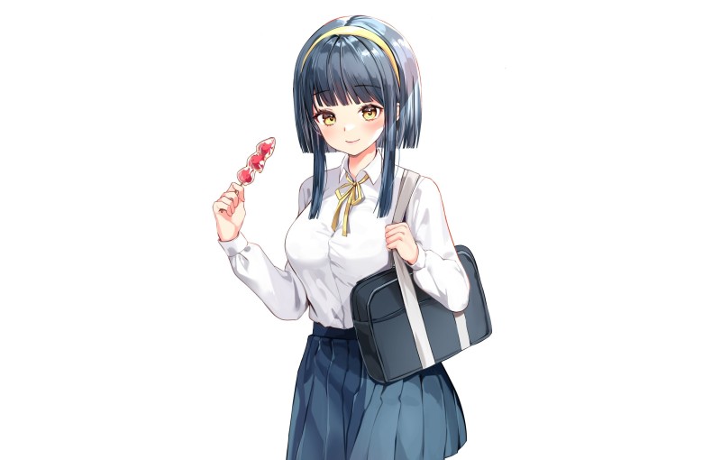 Pretty Anime Girl, Bag, Short Hair, Strawberry Candy, Smiling, Yellow Eyes Wallpaper