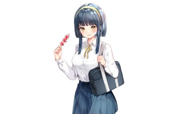 Pretty Anime Girl, Bag, Short Hair, Strawberry Candy, Smiling, Yellow Eyes Wallpaper