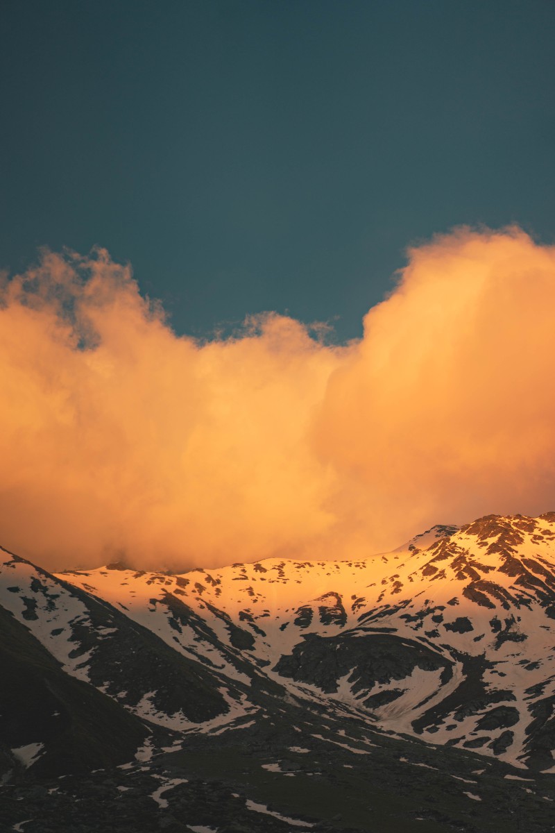 Sunset, Clouds, Golden Hour, Snowline, Mountains, Landscape Wallpaper