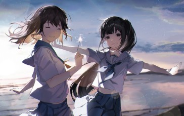 Anime School Girls, Smiling, Seifuku, Sparkler, Anime Wallpaper
