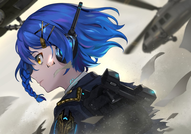 Blue Hair, Braids, Yellow Eyes, Anime Girls, Barcode, Helicopters Wallpaper