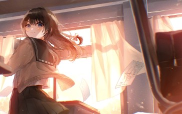 Anime School Girl, Curtains, Classroom, Smiling Wallpaper