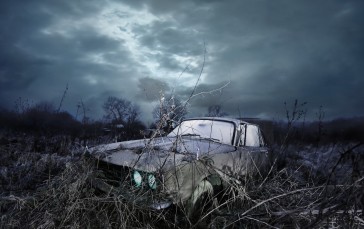 Car Wreck, Darkness, Dark Weather, Field Wallpaper