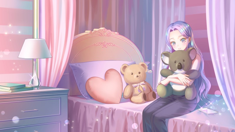 Cute Anime Girl, Teddy Bear, Pillow, Curtain, Long Hair, Anime Wallpaper