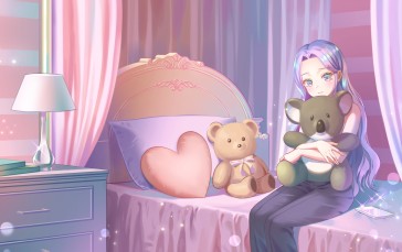 Cute Anime Girl, Teddy Bear, Pillow, Curtain, Long Hair, Anime Wallpaper