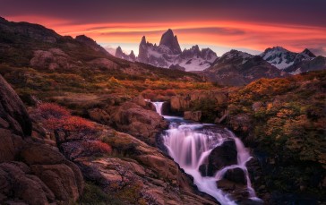 Sunset, Mountain, Waterfall, Nature Wallpaper