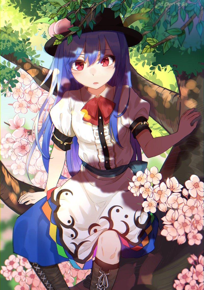 Hinanawi Tenshi, Touhou, Cherry Blossom, Spring, Blue Hair, Hat, Tree, Anime Wallpaper
