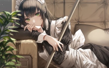 Anime Maid Girl, Green Eyes, Headdress, Couch, Anime Wallpaper