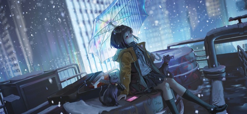 Pretty Anime Girl, Snow, Umbrella, Cats, Urban Wallpaper