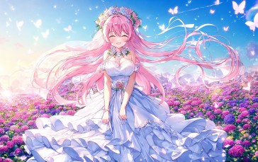 AI Art, Closed Eyes, Anime Girls, Pink Hair, Flowers, Butterfly Wallpaper