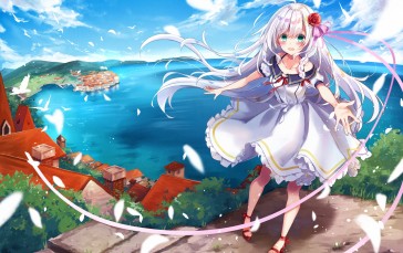 Anime Girl, Scenic, White Hair, Dress, Horizon, Clouds Wallpaper
