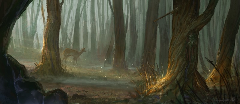 Gloomy Forest, Scary, Skeleton, Deer, Fantasy Art Wallpaper