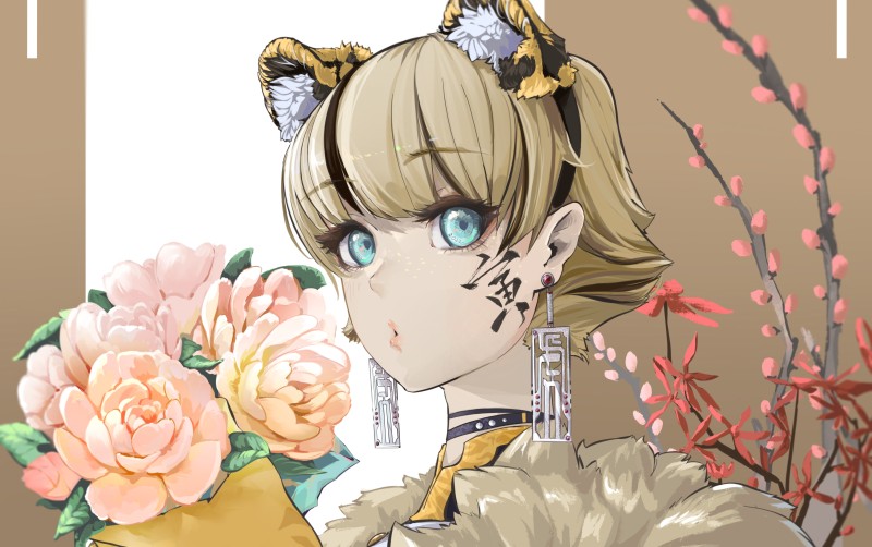 Anime Fox Girl, Rose Bouquet, Aqua Eyes, Anime Wallpaper