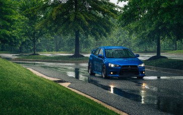 Car, Mitsubishi Lancer Evo X, Vehicle, Rain, Trees, Grass, Water Wallpaper