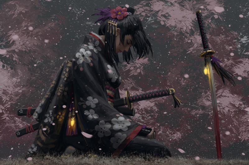 Fantasy Asian Girl, Samurai, Uniform, Sakura Blossom, Katana, Fantasy Art Wallpaper
