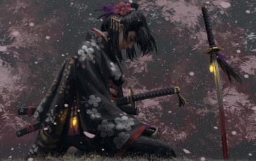 Fantasy Asian Girl, Samurai, Uniform, Sakura Blossom, Katana, Fantasy Art Wallpaper