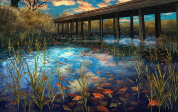 Anime Landscape, River, Bridge, Autumn, Scenic Wallpaper