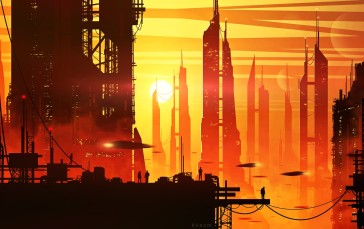 Futuristic City, Science Fiction, Sunset, Skyscrapers, Spaceships, People Silhouette Wallpaper