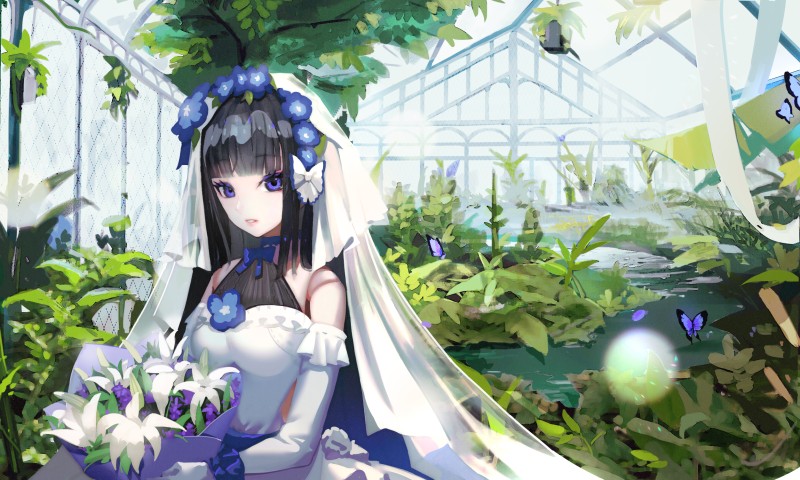 Anime Bride, Wedding Dress, Botanical Garden, Butterflies, Black Hair Wallpaper
