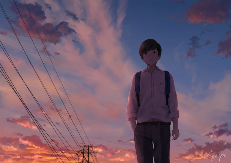 Anime Boy, Sky, Walking, School Uniform, Scenic Wallpaper