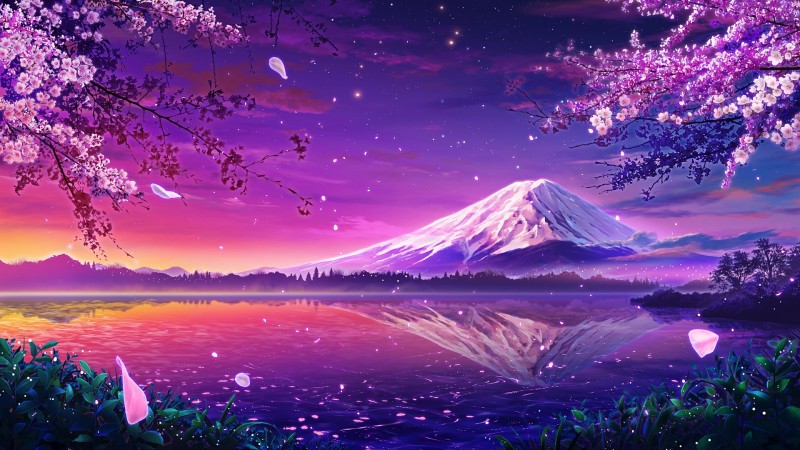 Mount Fuji, Anime Landscape, Cherry Blossom, Petals, Anime Wallpaper