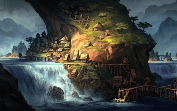 Fantasy Village, Tiny Houses, Mountain, Waterfall, Cliff Wallpaper