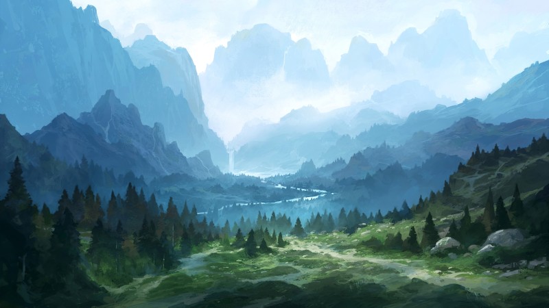 Fantasy Landscape, Mountains, Waterfall, River, Fantasy Art Wallpaper