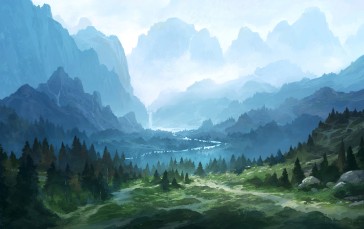 Fantasy Landscape, Mountains, Waterfall, River, Fantasy Art Wallpaper