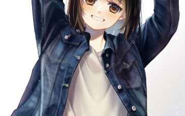Cute Anime Girl, Short Brown Hair, Big Smile, Jacket Wallpaper
