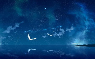 Anime Night, Stars, Lighthouse, Scenic, Birds, Horizon Wallpaper