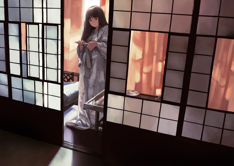 Cute Anime Girl, Yukata, Japanese Room, Long Hair Wallpaper