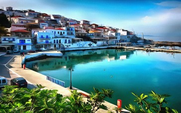 Digital Painting, Andros Island, Greece, Town Wallpaper
