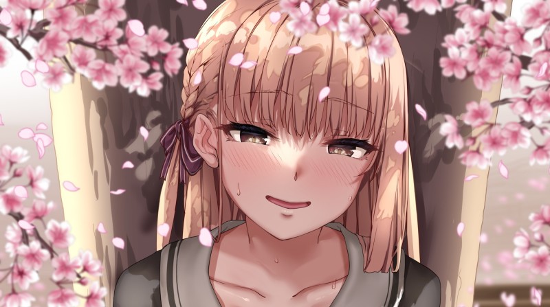 Anime Schol Girl, Shy, Sakura Blossom, Blonde Wallpaper