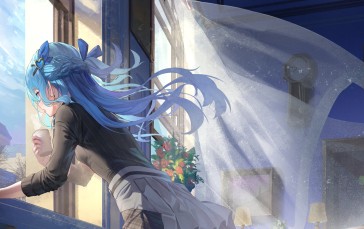 Pretty Anime Girl, Fantasy Castle, Wind, Curtains Wallpaper