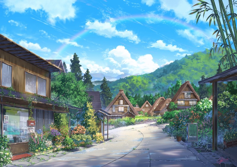 Anime Landscape, Houses, Scenic, Clouds, Nature, Anime Wallpaper