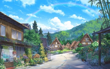Anime Landscape, Houses, Scenic, Clouds, Nature, Anime Wallpaper