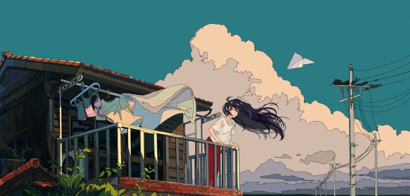 Balcony, Anime Girl, Polychromatic, Clouds, Laundry, Anime Wallpaper