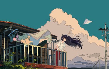 Balcony, Anime Girl, Polychromatic, Clouds, Laundry, Anime Wallpaper