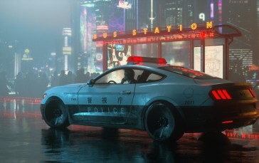 Ford Mustang, Neon City, Crowd, Side View, Vehicle Wallpaper