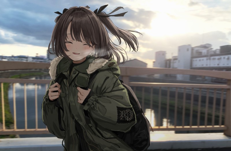 Cute Anime Girl, Coat, Brown Hair, Smiling, Blushes, Anime Wallpaper