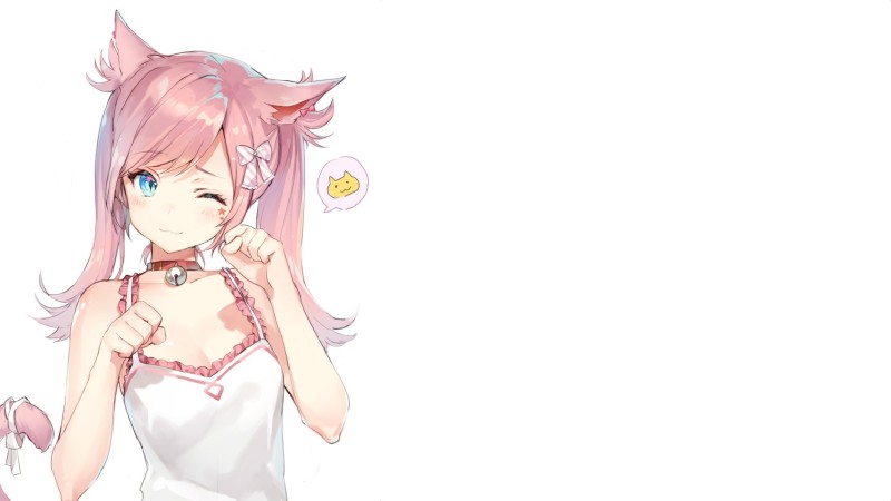 Anime Girl, Pink Hair, Animal Ears, Wink, Cat Girl Wallpaper
