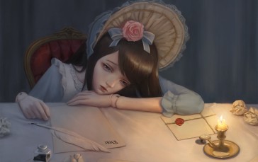 Anime Girl, Table, Sleepy, Candle, Anime Wallpaper