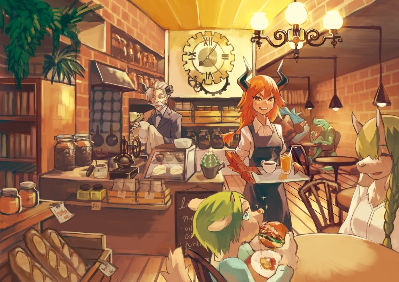 Anime Monster Cafe, Horns, Crowd, Eating, Anime Wallpaper
