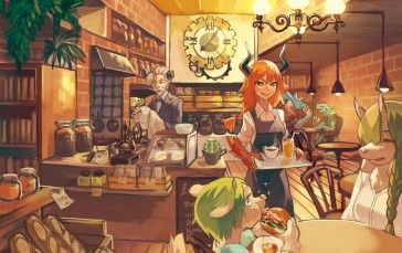 Anime Monster Cafe, Horns, Crowd, Eating, Anime Wallpaper