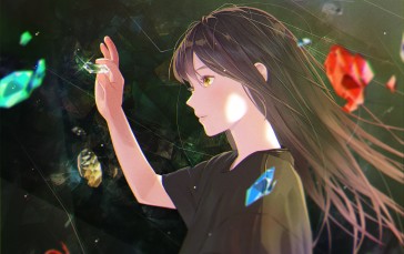 Beautiful Anime Girl, Profile View, Brown Hair, Fishes Wallpaper